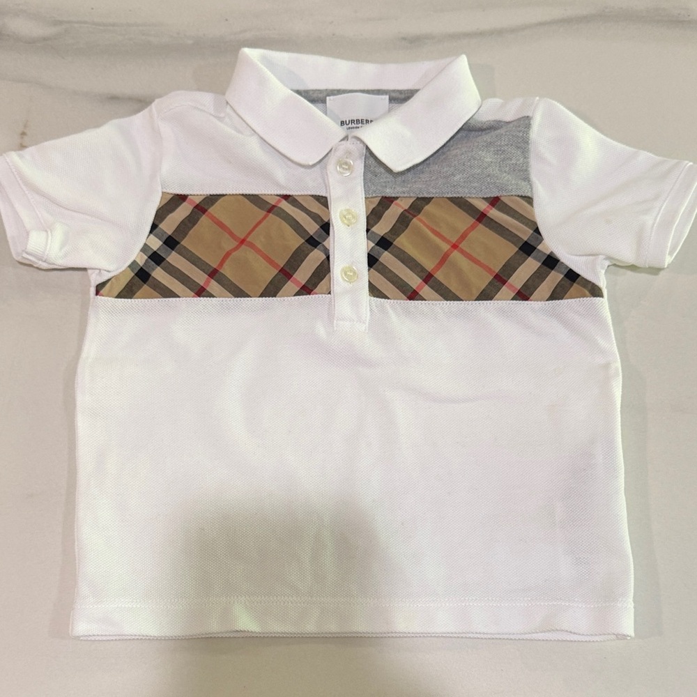 Burberry Kids White and Tan Plaid Polo Shirt